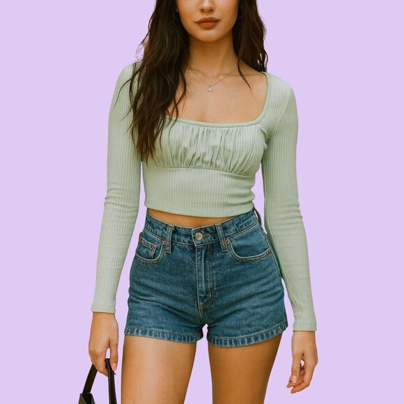 🌿 Shein Sage Green Ribbed Long Sleeve Crop Top (XS) - Picture 1 of 7